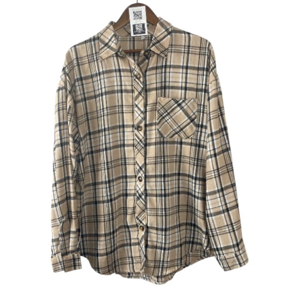 House Of JOR Beige and Black Plaid Button-Up Shirt// XL